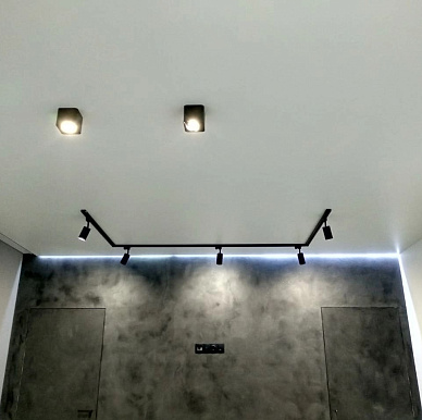 Фото натяжного потолка с трековой и точечной подсветкой